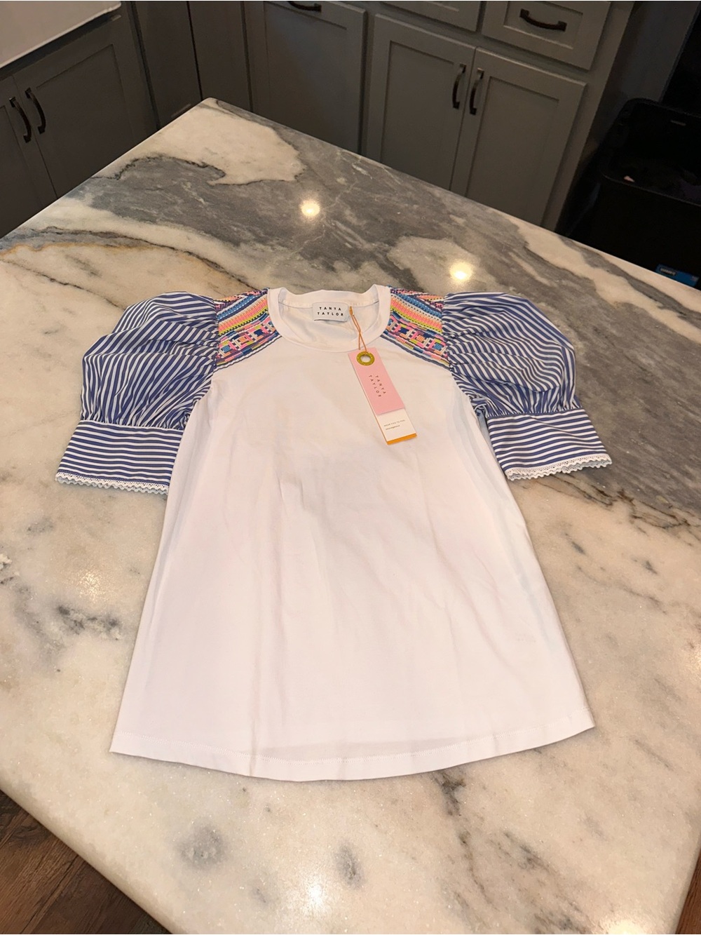 NWT Tanya Taylor Size XS Maddie Top Women’s White Embroidered Striped Sleeves - Picture 3 of 15